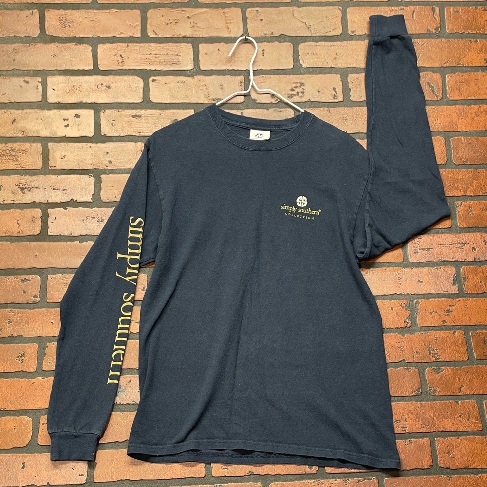 Simply Southern M Navy Sea Turtle Patchwork Graphic Long Sleeve Tee Shirt Gold‎